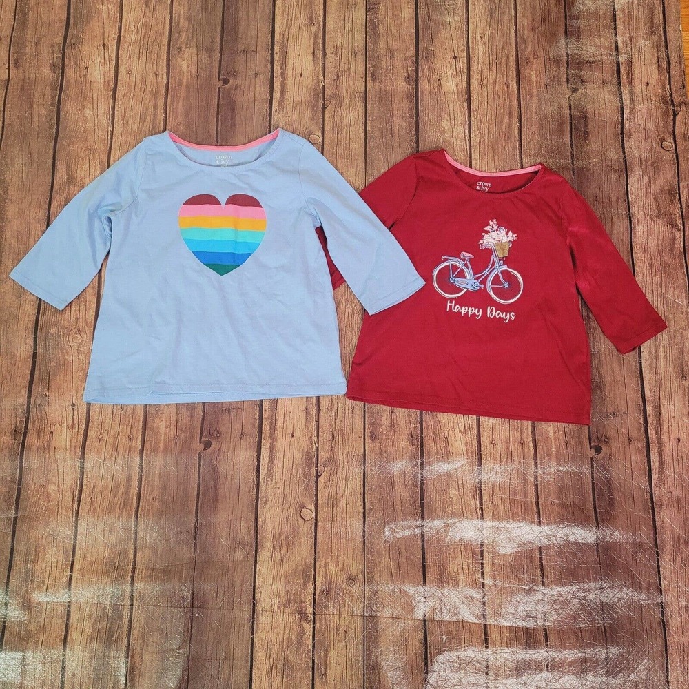 Crown & Ivy Girls Lot of 2 Top Blue Red S Rainbow Heart Happy Days Long Sleeve